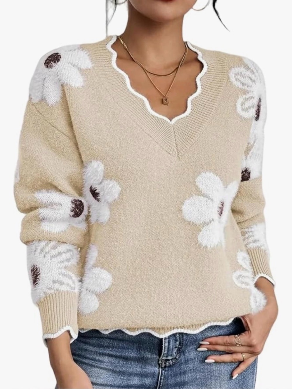 Beige Floral V-Neck Sweater